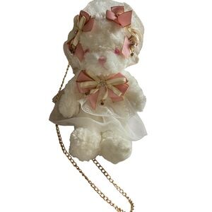Adorable White and Pink Teddy Bear Plush Stuffed Animal Purse with Gold Metal